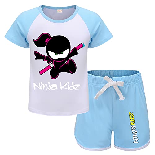 Forlcool Ninjas Kidz Merch Sommer-Pyjama, T-Shirt und Shorts für Mädchen, hellblau, 11-12 Years von Forlcool
