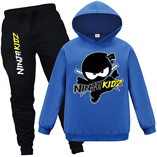 Ninja Kidz Kinder Trainingsanzüge Jungen Mädchen Kapuzenpullover und Hose, 2-teiliges Outfit, lässiger Pullover und Jogging-Set, blau, 9 - 10 Jahre von Forlcool