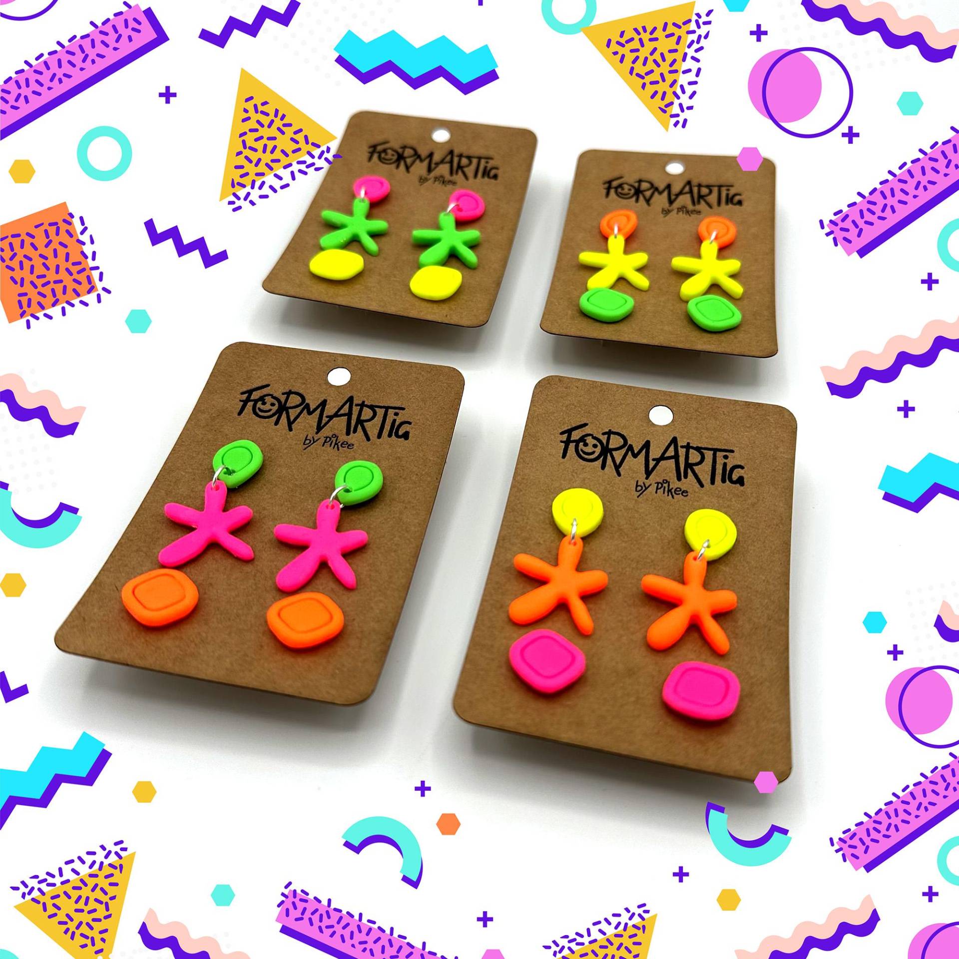 Bunte Neons Set 002 // Farbenfrohe Neon Hängeohrringe Aus Polymer Clay Ton in Sternform Mit Edelstahl Stecker Hängeohrring + Ohrstecker von Formartig
