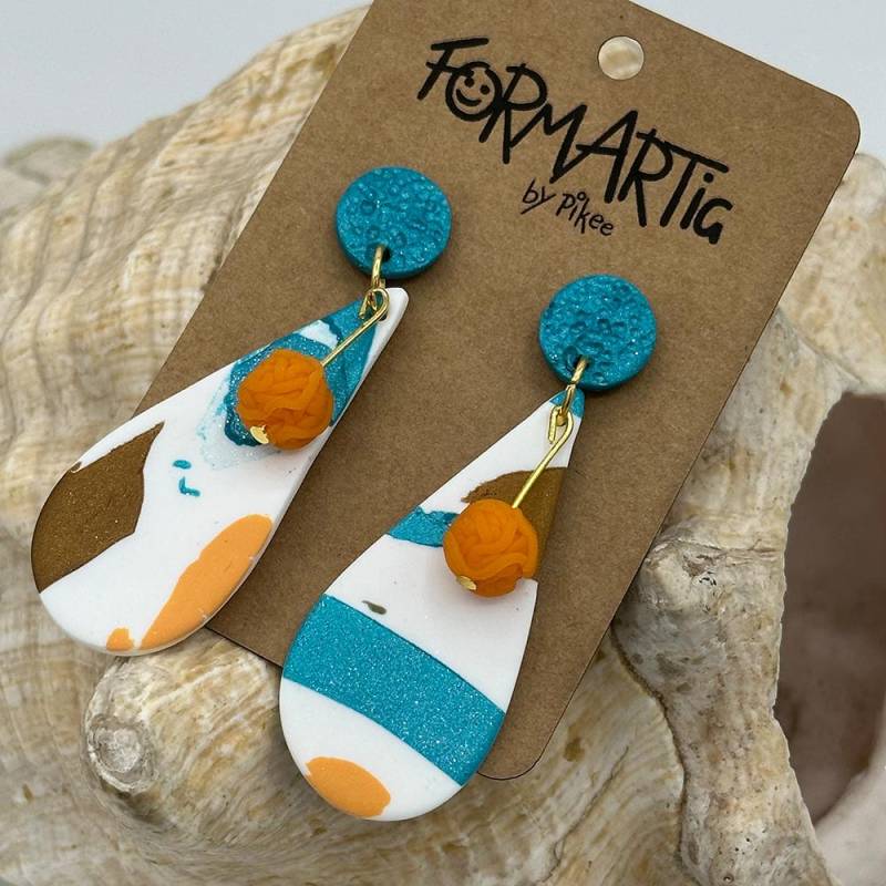 Big Drop 305 // Hängeohrringe Aus Fimo Große Tropfenform Blau, Orange, Bronze Vergoldeter Edelstahl Ohrstecker Big Drop 305 // Hängeohrringe Aus Fimo Große Tropfenform Blau, Orange, Bronze Vergoldeter Edelstahl Ohrstecker von Formartig