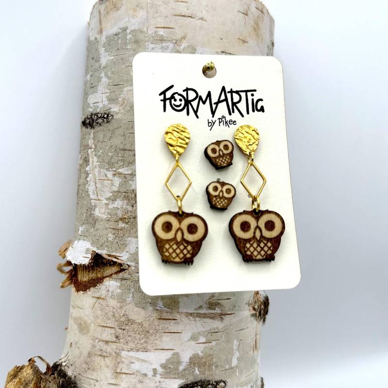 Eulen Set 001 // Niedliche Hängeohrringe + Stecker Aus Holz Und Vergoldetem Edelstahl von Formartig