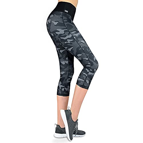 Formbelt Sport Leggings Damen 3/4 mit Hüfttasche für Handy | Laufhose Capri Dreiviertel 3 4 | Fitness Sport Tights Yoga Hose Sporthose Jogging Bunt Farbig Camouflage S von Formbelt