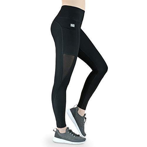 Formbelt Vario Sports Damen Leggins Lang Mesh Einsatz mit Taschen - Damen lauftights Blickdicht Fitness tech mesh Pocket hoher Bund Tummy Control Handytasche Handy Netzstoff schwarz L von Formbelt