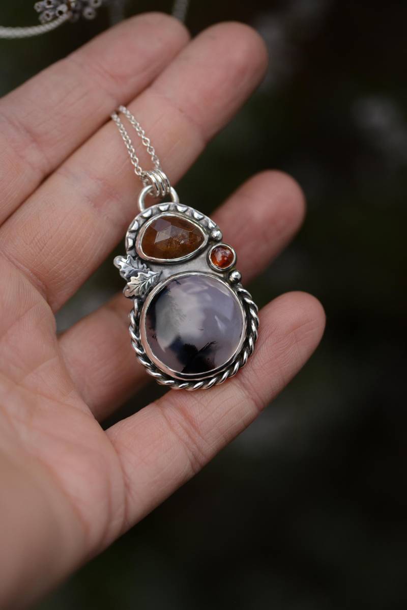 Autumn Leaf Necklace With An Imperial Topaz , Agate & Orange Kyanite Gemstone. Handmade Silversmith Jewellery By Formvollendung von Formvollendung