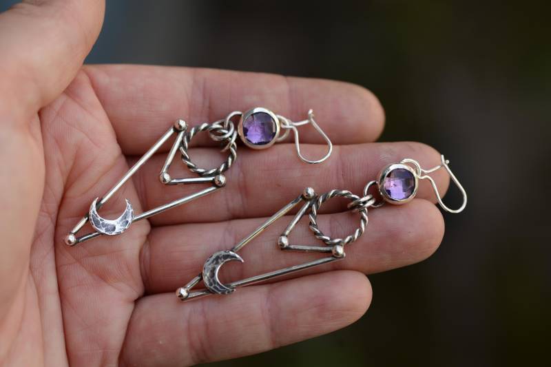 Large Amethyst Earrings With Crescent Moons Handcrafted Sterling Silver 925, Medieval Style von Formvollendung