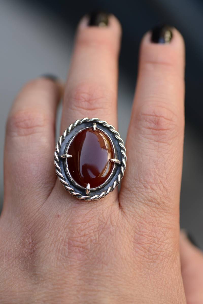 Long Statement Ring With A Big Red Carnelian Stone Inspired By Medieval Aesthetic, Handcrafted Sterling Silver 925 von Formvollendung