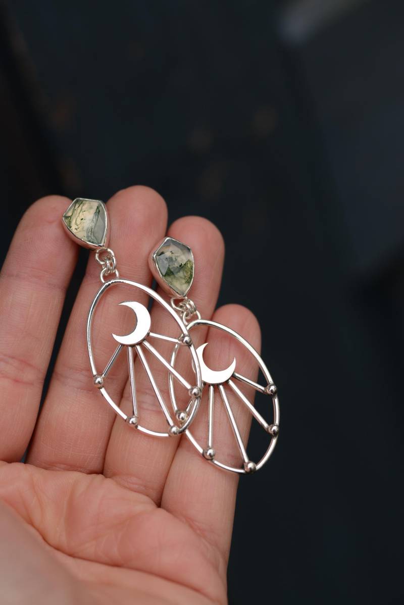 Moss Agate Earrings With Natural Gemstone, Celestial Jewelry Handmade Sterling Silver, Oxidized Silver Made By Formvollendung von Formvollendung