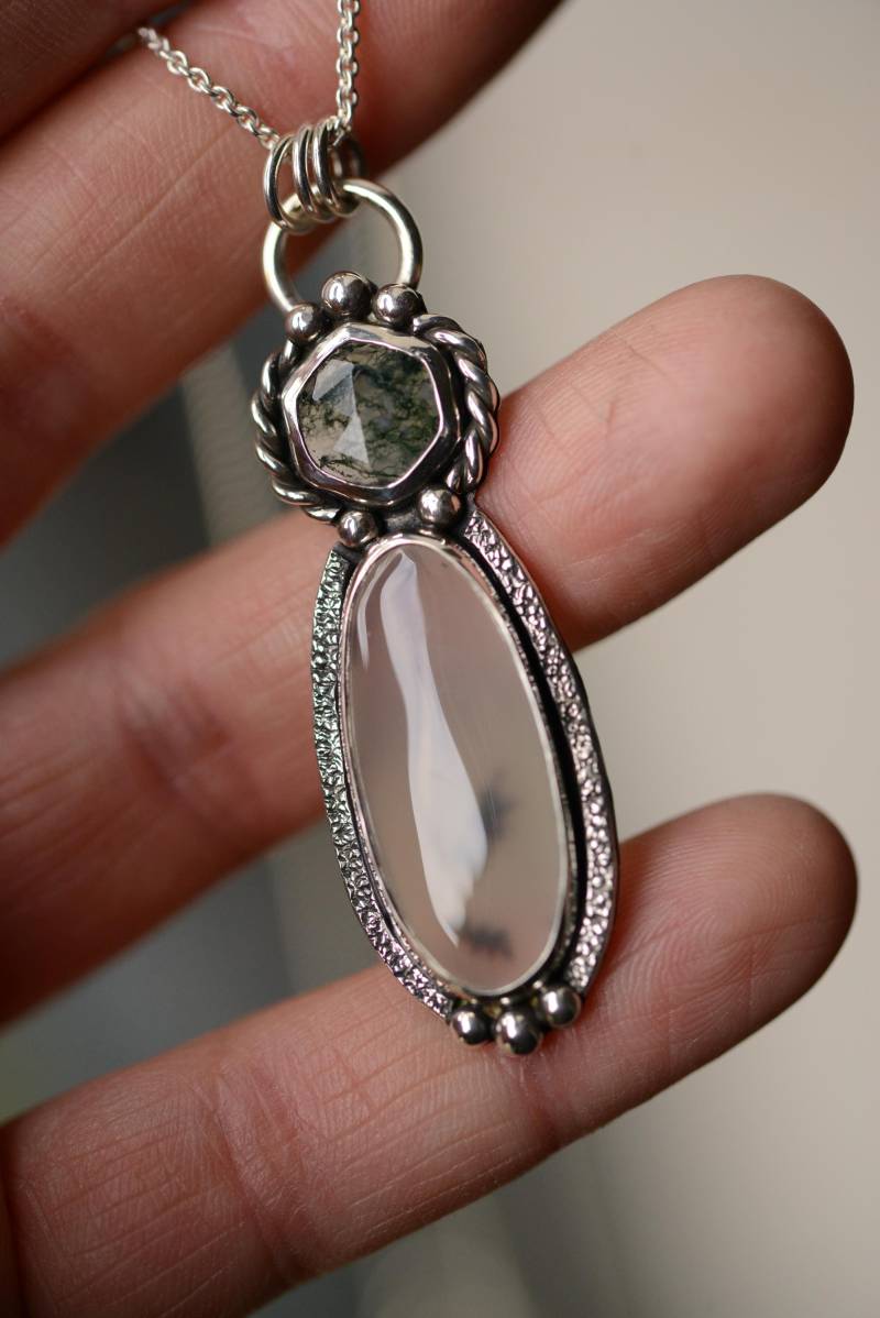 Moss Agate Necklace With A Big Montana Gemstone, Handmade Silversmith Pendant Oxidized Sterling Silver, Made By Formvollendung von Formvollendung