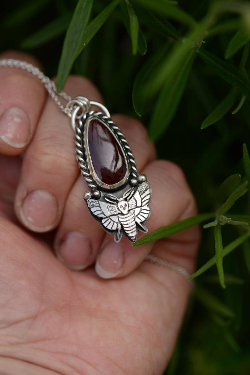 Moth Necklace With A Big Natural Red Garnet Gemstone, Handmade Silversmith Lots Of Details By Formvollendung von Formvollendung