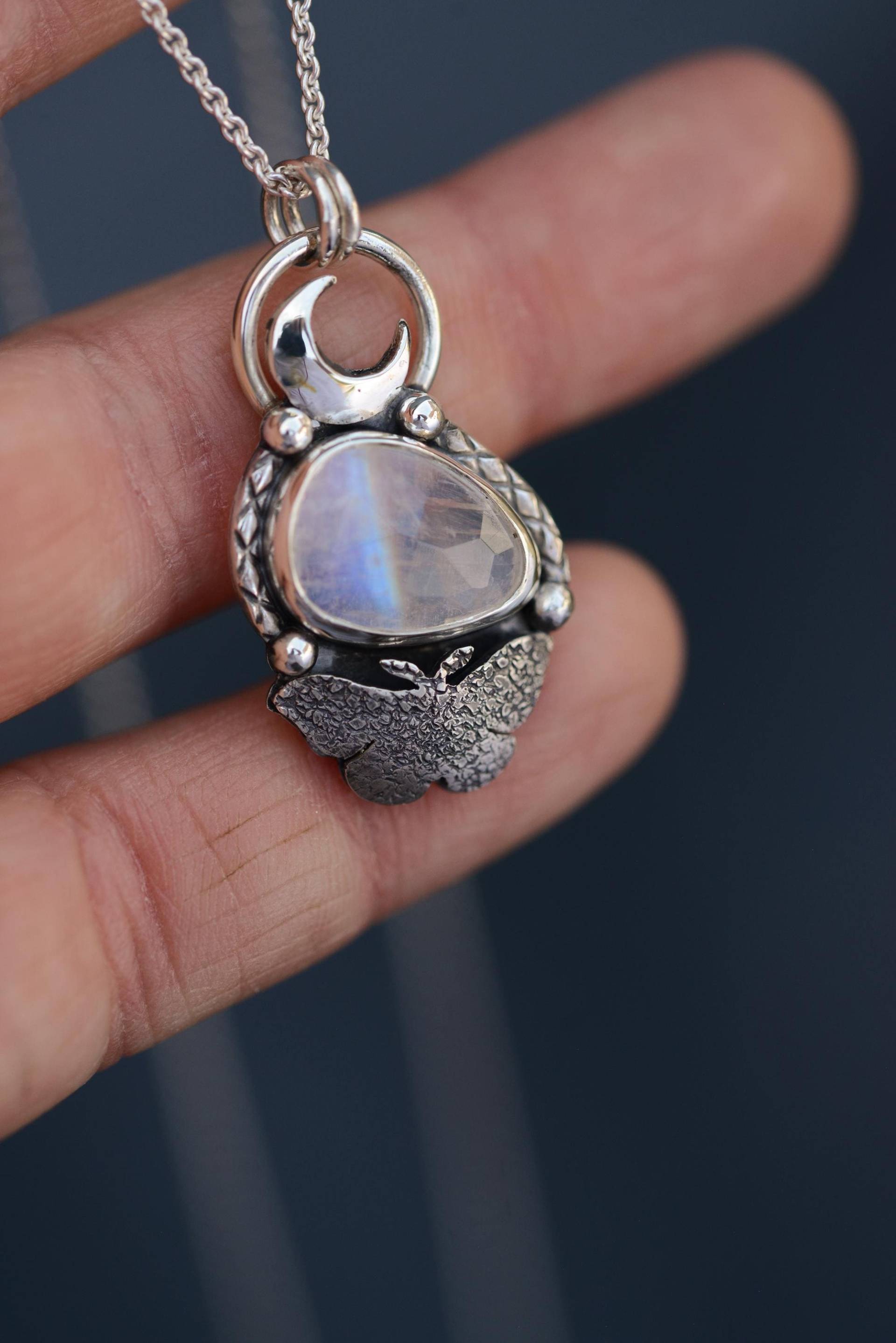 Moth Pendant Handmade With Oxidized Sterling Silver. Everyday Crescent Moon Necklace Natural Gemstone Made By Formvollendung Moth Pendant Handmade With Oxidized Sterling Silver. Everyday Crescent Moon Necklace Natural Gemstone Made By Formvollendung von Formvollendung
