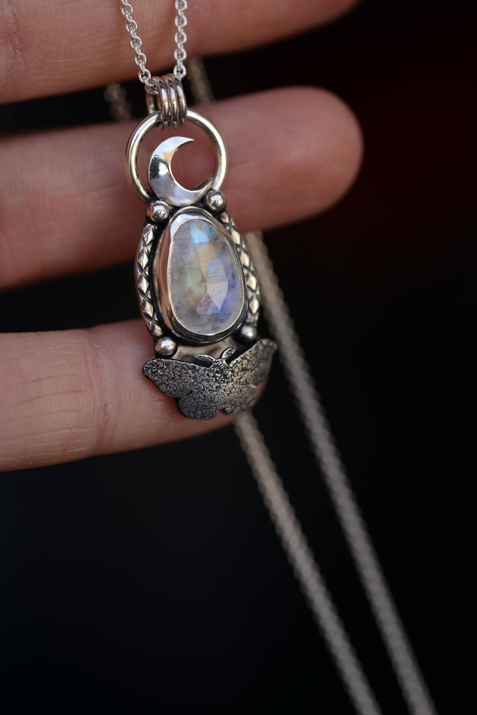 Moth Pendant Handmade With Oxidized Sterling Silver. Everyday Crescent Moon Necklace Natural Gemstone Made By Formvollendung von Formvollendung