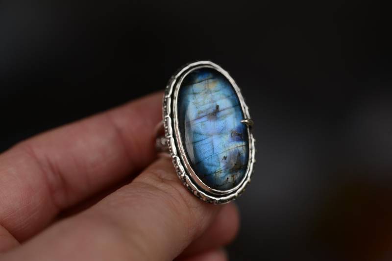 Natural Labradorite Ring in Size 8.5 . Handmade Silversmith With Medieval Ornaments. Oxidized Silver By Formvollendung von Formvollendung
