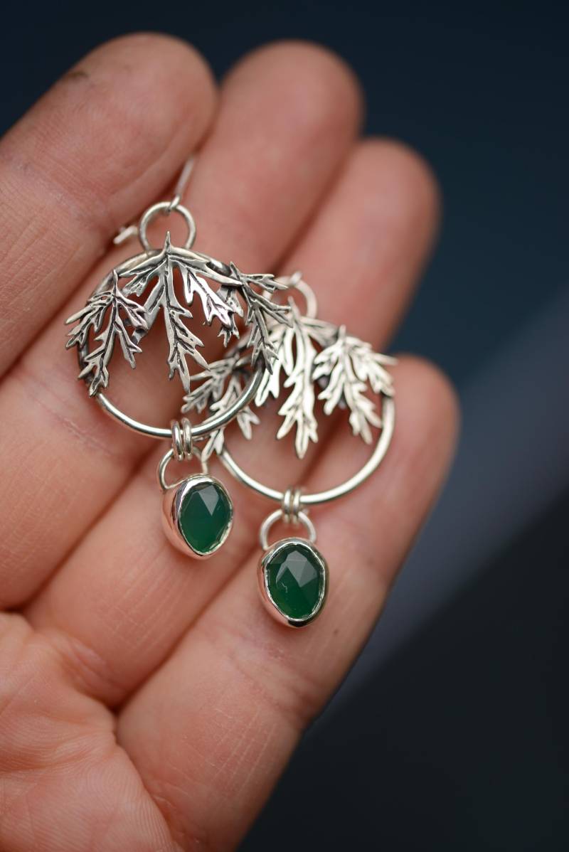 Nature Inspired Earrings With Wormwood Leaves & Natural Green Onyx Gemstones, Handmade Silversmith Jewelry By Formvollendung von Formvollendung