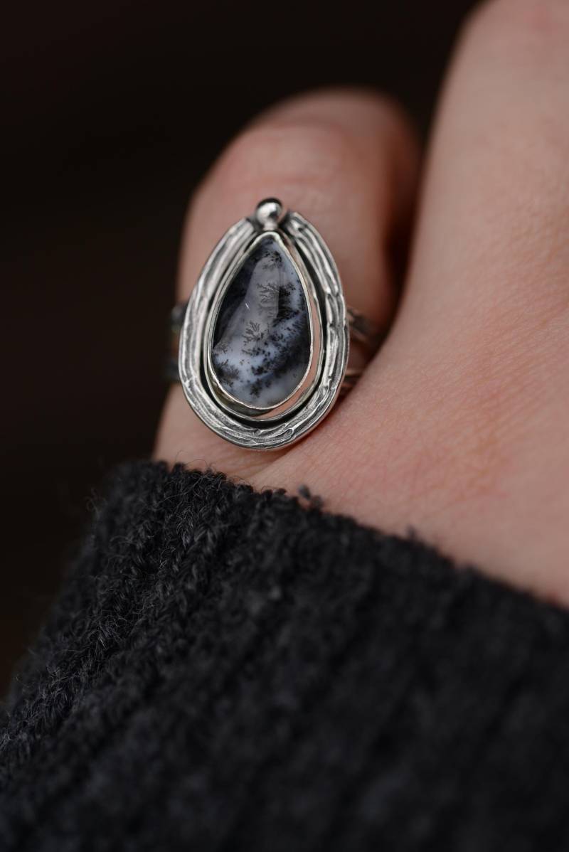 Nature Inspired Ring in Size 6.5 Us With Natural Dendrite Opal Gemstone, Witchy Handmade Silver By Formvollendung von Formvollendung