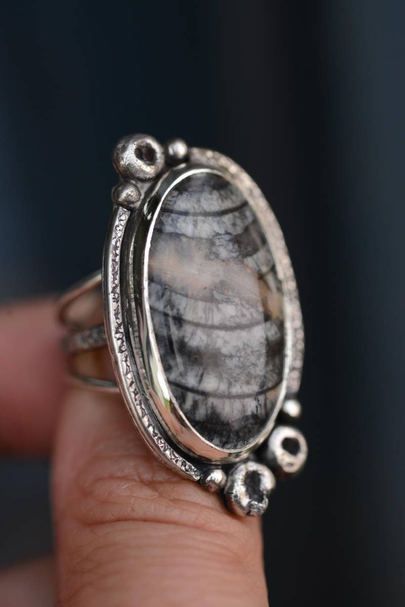 Orthoceras Ring Size 7.5 Handcrafted With Oxidized Solid Sterling Silver, Statement Natural Gemstone By Silversmith Formvollendung von Formvollendung