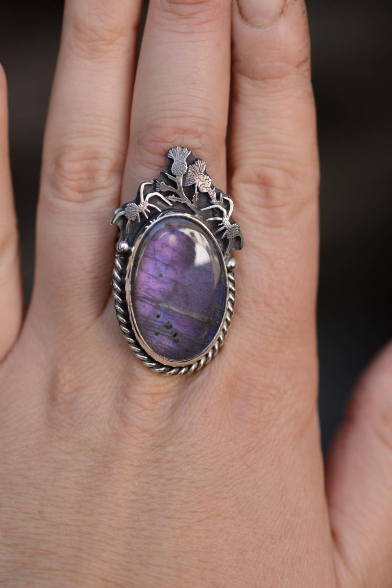 Purple Labradorite Ring in Size 9.5 With Thistles & Little Spiders. Thistle Flower Oxidized Sterling Silver By Formvollendung von Formvollendung