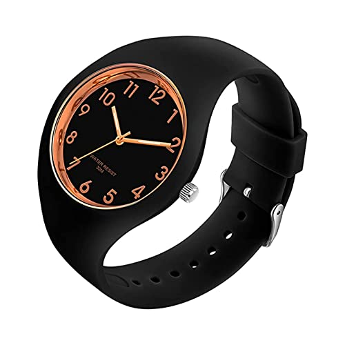 Forrader Uhr mit Silikonband für Damen und Mädchen, großes Zifferblatt, wasserdicht, sportlich, modisch, lässig, einfach, Quarz-Analog-Uhren, Schwarz/Rotgold von Forrader