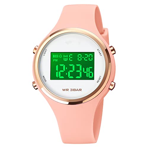 Forrader Digitale Uhren für Damen, modisch, Outdoor, Sport, wasserdicht, Mädchenuhren mit Silikonband, Stoppuhr, Wecker, Kalender, LED-Multifunktionsarmbanduhr, 1720 Pink, Armband von Forrader
