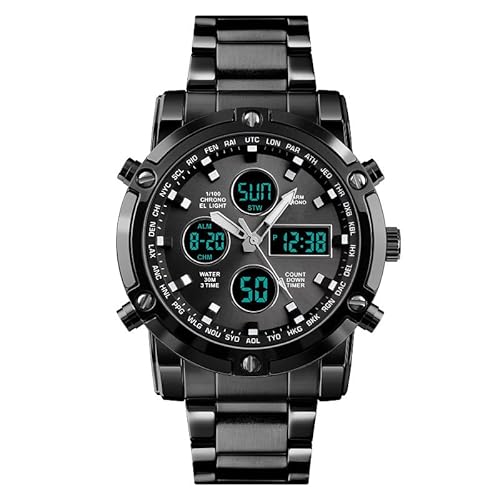 Forrader Herren-Armbanduhr, wasserdichte Militär-Analog-Digitaluhr mit LED-Multi-Zeit-Chronograph, Edelstahl-Business-Uhren für Herren, Black/Black von Forrader