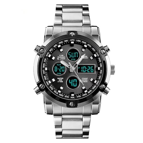 Forrader Herren-Armbanduhr, wasserdichte Militär-Analog-Digitaluhr mit LED-Multi-Zeit-Chronograph, Edelstahl-Business-Uhren für Herren, Silver/Black von Forrader