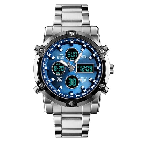 Forrader Herren-Armbanduhr, wasserdichte Militär-Analog-Digitaluhr mit LED-Multi-Zeit-Chronograph, Edelstahl-Business-Uhren für Herren, Silver/Blue von Forrader
