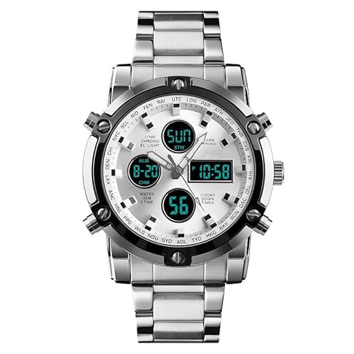 Forrader Herren-Armbanduhr, wasserdichte Militär-Analog-Digitaluhr mit LED-Multi-Zeit-Chronograph, Edelstahl-Business-Uhren für Herren, Silver/Silver von Forrader
