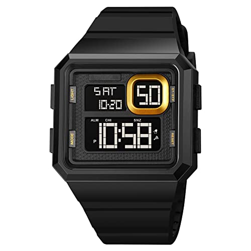 Forrader Herren Multifunktions Digital Sportuhr Dual Time Wasserdicht Outdoor Silikon Uhr Chronograph Alarm EL Licht 12/24 Stunden Uhr, Skm 1877 Gold, Gurt von Forrader