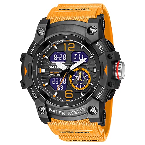 Forrader Uhren für Herren Outdoor Sport Digital Uhr Taktische Armee Armbanduhr LED Stoppuhr Dual Display Wasserdicht Militär Herren Armbanduhren, Orange, Riemen von Forrader