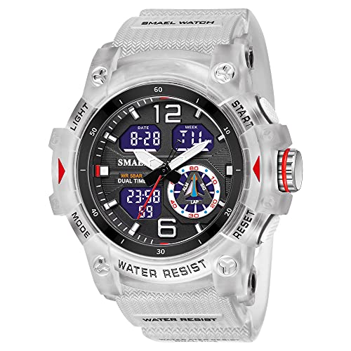 Forrader Uhren für Herren Outdoor Sport Digital Uhr Taktische Armee Armbanduhr LED Stoppuhr Dual Display Wasserdicht Militär Herren Armbanduhren, Transparentweiß, Riemen von Forrader