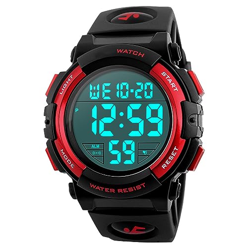 Forrader Uhren für Männer Großes Zifferblatt Digitale Herrenuhr Sport Wasserdicht LED Militär Armbanduhren Chronograph Wecker, rot von Forrader
