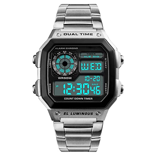 Forrader Unisex Digitaluhr Fashion Freizeit Quadratisch Herren Armbanduhr Wasserdicht Edelstahl Sport Armbanduhr, Silber1, Armband von Forrader