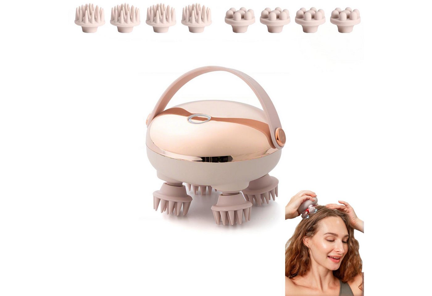 Forrlite Massagegerät elektrisches Kopfmassagegerät,handliches Kopfmassagegerät,2 modi, Rotes Lichtpflege,mit 8 Massageköpfen,IPX6,Geschenk, Scalp Massager,Anti-Stress-Massage, Silikon-Massageaufsätze,Golden von Forrlite