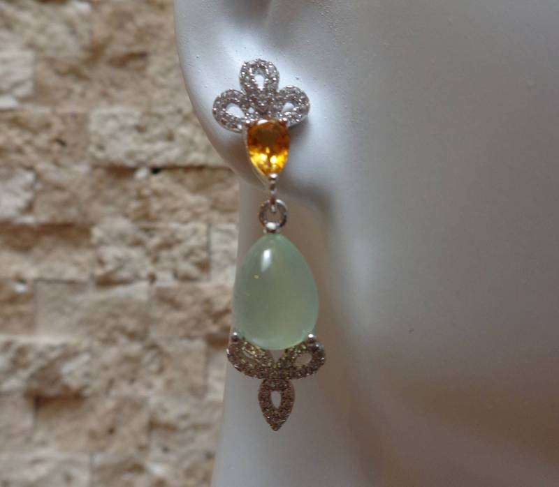 Gelbtopas Und Prehnit Ohrringe Aus 14K Weißgold Vermeil Mit Pflastern Cz von ForsbergFineJewelry