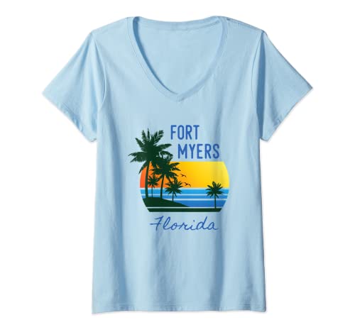 Damen Retro Cool Fort Myers Florida Palme Sonnenuntergang Neuheit Kunst T-Shirt mit V-Ausschnitt Damen Retro Cool Fort Myers Florida Palme Sonnenuntergang Neuheit Kunst T-Shirt mit V-Ausschnitt von Fort Meyers Florida Beach Apparel - DZignLine
