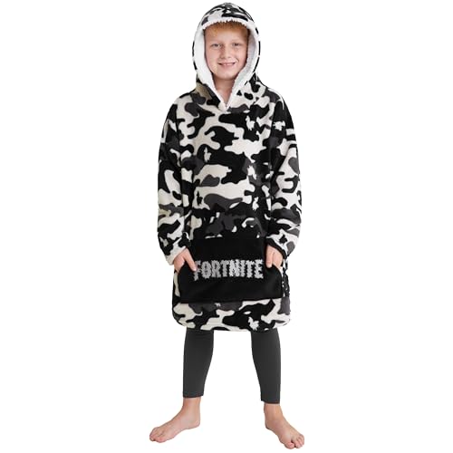 Fortnite Oversized Hoodie Decke zum Anziehen Pullover Jungen und Teenager 14+ Extra Lange Fleece Tragbare Kuscheldecke mit Ärmeln Gamer Geschenk (Schwarz Camouflage Kinder) von Fortnite