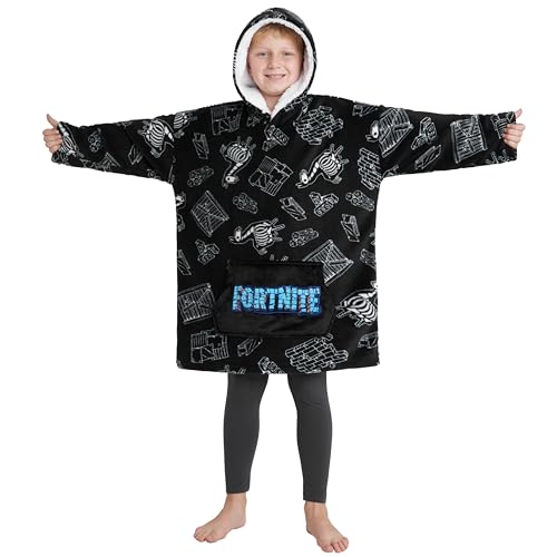 Fortnite Oversized Hoodie Decke zum Anziehen Pullover Jungen und Teenager 14+ Extra Lange Fleece Tragbare Kuscheldecke mit Ärmeln Gamer Geschenk (Schwarze/Weiße Kinder) von Fortnite