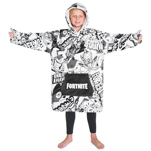 Fortnite Oversized Hoodie Decke zum Anziehen Pullover Jungen und Teenager 14+ Extra Lange Fleece Tragbare Kuscheldecke mit Ärmeln Gamer Geschenk (Weiße/Schwarze Kinder) von Fortnite