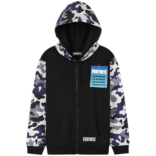 Fortnite Pullover Kinder Kapuzenpullover für Jungen mit Reißverschluss Zip Hoodie Jacke Sweatshirt Strickjacke mit Kapuze (7-8 Jahre, Schwarz/Camo) von Fortnite