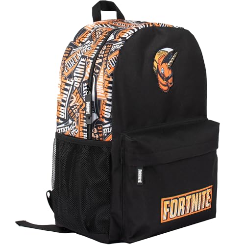 Fortnite Schulrucksack für Jungen Schwarz Groß A4 Multi-Fach Rucksack Reisetasche mit Netztaschen und verstellbaren, gepolsterten Schultergurten, Schwarz/Orange von Fortnite
