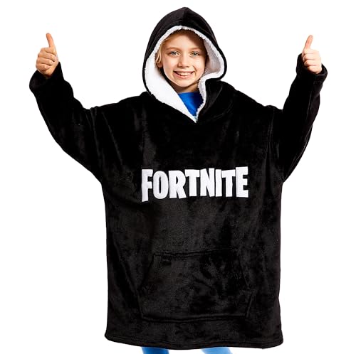 Fortnite Hoodie Decke Kinder, Übergröße Kuscheldecke mit Ärmeln, Warm Fleece Kapuzenpullover für Videospielers, Tragbar Decke mit Armel, Hoodie Kinder (Schwarz, Einheitsgröße) von Fortnite