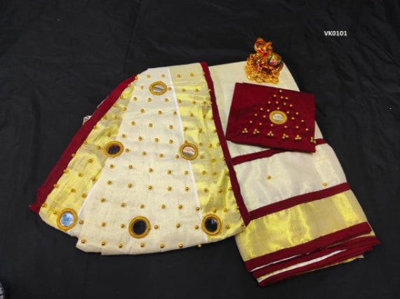 Onam Kleid Kerala Davani Material 3 Stück - 6 Spiegel Auf Schal Genäht/Traditionelle Mädchen Kleidung Handgemachte Designs Half Saree von FortuneTrade