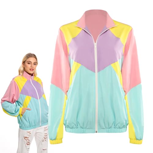 Fortunezone 80er Jahre Kostüm Erwachsene Patchwork Jacke Damen Langarm Reißverschluss Workout Jacke von Fortunezone