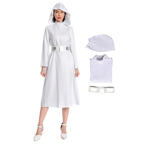 Fortunezone Prinzessin Leia Kostüm Damen Weißes Kleid Cosplay Prinzessin Leia Kleid mit Kapuze und Gürtel Halloween Kostüm von Fortunezone