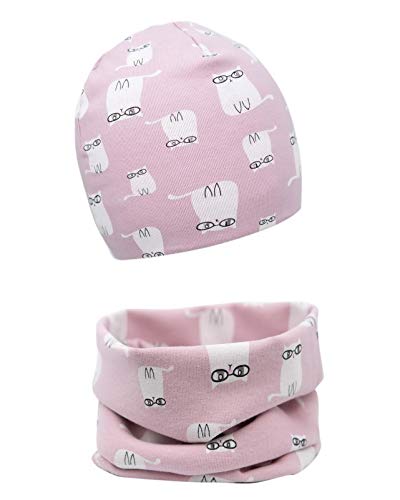Baby Mädchen Beanie Mütze + Schlauchschal 2er Set, Wintermütze für Jungen Mädchen Baumwolle(3-7 Jahre und 54L, Tier Katze) von Foruhoo