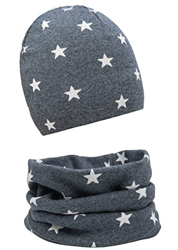 FORUHOO Baby Mädchen Beanie Mütze + Schlauchschal 2er Set, Wintermütze für Jungen Mädchen Baumwolle(Stern Grau,49-53) von Foruhoo