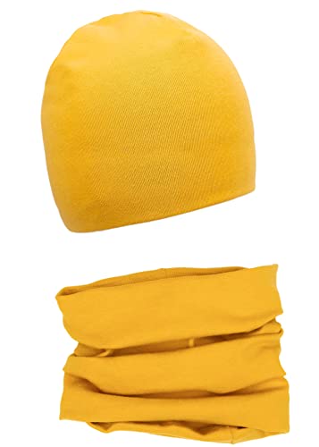 Foruhoo Baby Mädchen Beanie Mütze + Schlauchschal 2er Set, Wintermütze für Jungen Mädchen Baumwolle (43S und 0-6 Monate, Baumwolle Set: Gelb) von Foruhoo