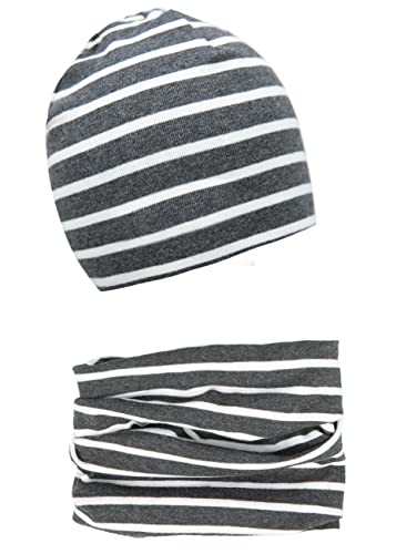 Foruhoo Baby Mädchen Beanie Mütze + Schlauchschal 2er Set, Wintermütze für Jungen Mädchen Baumwolle (48M und 6-24 Monate, Baumwolle Set: Grau Streifen) von Foruhoo