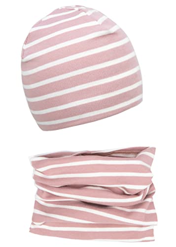 Baby Mädchen Beanie Mütze + Schlauchschal 2er Set, Wintermütze für Jungen Mädchen Baumwolle (53L und 49-53, Baumwolle Set: Rosa Streifen) von Foruhoo