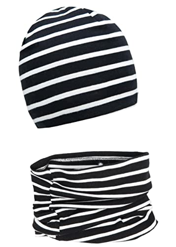 Baby Mädchen Beanie Mütze + Schlauchschal 2er Set, Wintermütze für Jungen Mädchen Baumwolle (53L und 49-53, Baumwolle Set: Schwarz Streifen) von Foruhoo