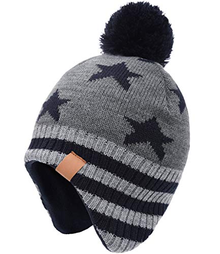 Foruhoo Jungen Mütze Strickmütze Beanie, Jungen Wintermütze Hut mit Fleecefutter(Grau Stern,51cm) von Foruhoo